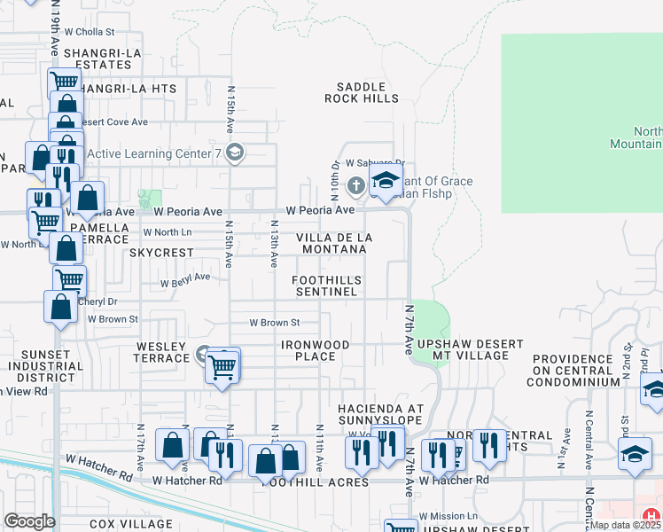 map of restaurants, bars, coffee shops, grocery stores, and more near 8 West Cochise Drive in Phoenix