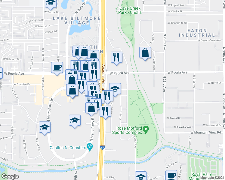 map of restaurants, bars, coffee shops, grocery stores, and more near 2626 West Beryl Avenue in Phoenix