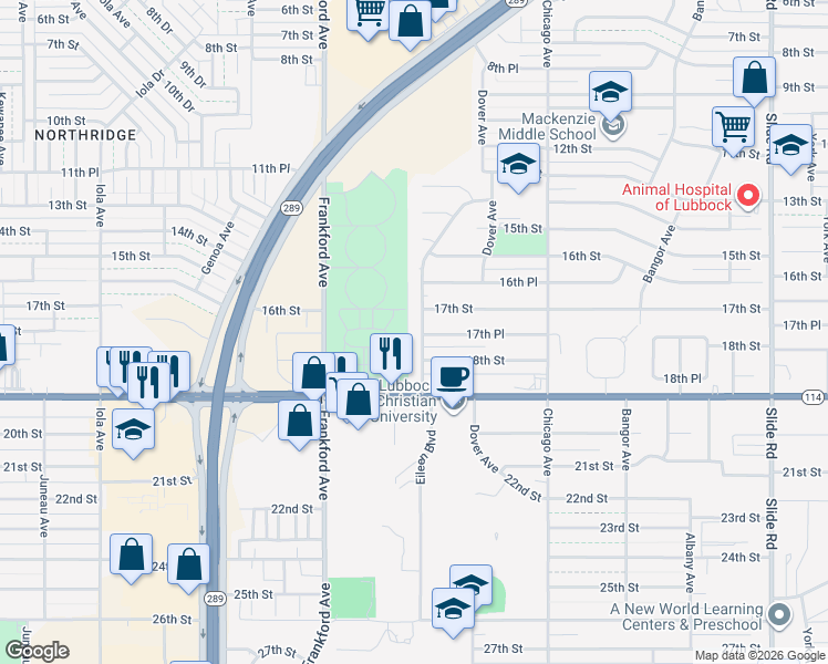 map of restaurants, bars, coffee shops, grocery stores, and more near 1628 Elkhart Avenue in Lubbock