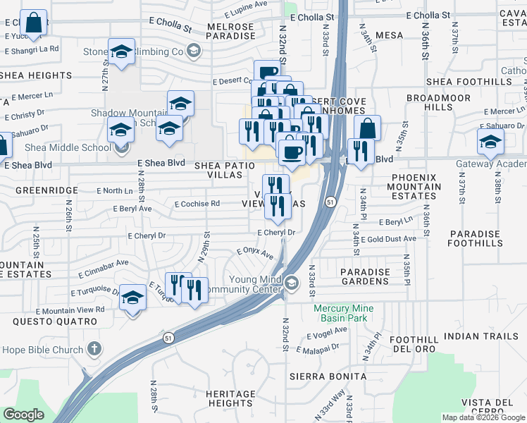 map of restaurants, bars, coffee shops, grocery stores, and more near 10410 North 32nd Street in Phoenix