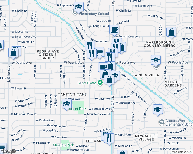 map of restaurants, bars, coffee shops, grocery stores, and more near 10201 North 44th Drive in Glendale