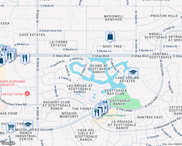 map of restaurants, bars, coffee shops, grocery stores, and more near 10401 North 100th Street in Scottsdale