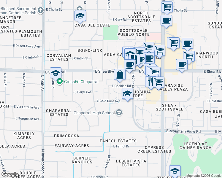map of restaurants, bars, coffee shops, grocery stores, and more near 2 East Cochise Road in Scottsdale