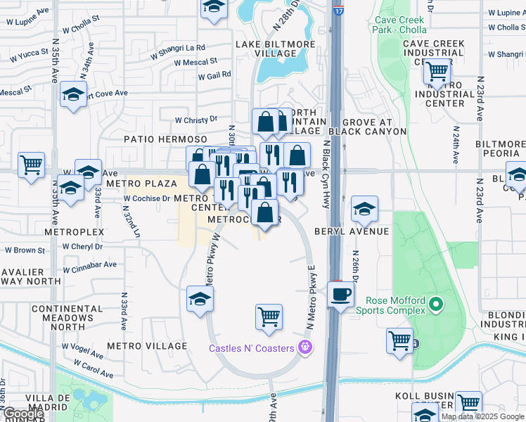 map of restaurants, bars, coffee shops, grocery stores, and more near 11829 North 28th Drive in Phoenix
