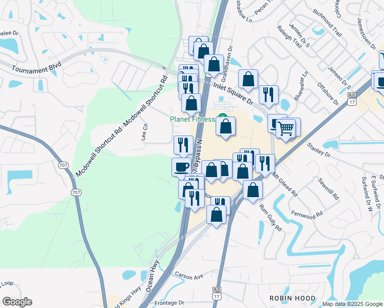 map of restaurants, bars, coffee shops, grocery stores, and more near 1158 Old Kings Highway in Murrells Inlet