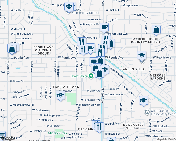 map of restaurants, bars, coffee shops, grocery stores, and more near 10404 North 43rd Avenue in Glendale
