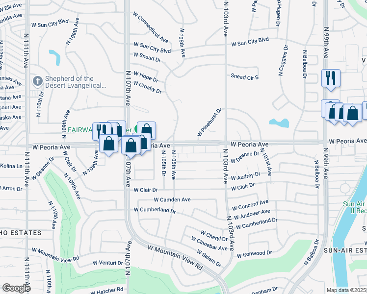 map of restaurants, bars, coffee shops, grocery stores, and more near 10438 West Peoria Avenue in Sun City