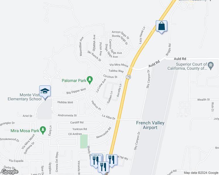 map of restaurants, bars, coffee shops, grocery stores, and more near 37161 Galileo Lane in Murrieta