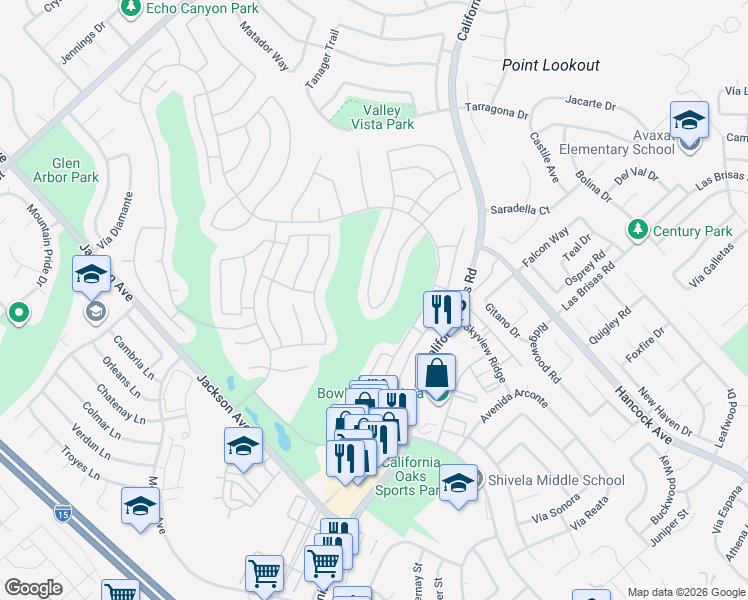 map of restaurants, bars, coffee shops, grocery stores, and more near 40354 Vía Marisa in Murrieta