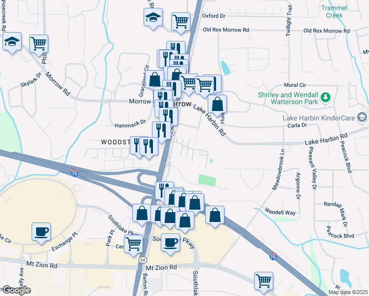 map of restaurants, bars, coffee shops, grocery stores, and more near 6420 Magnolia Way in Morrow