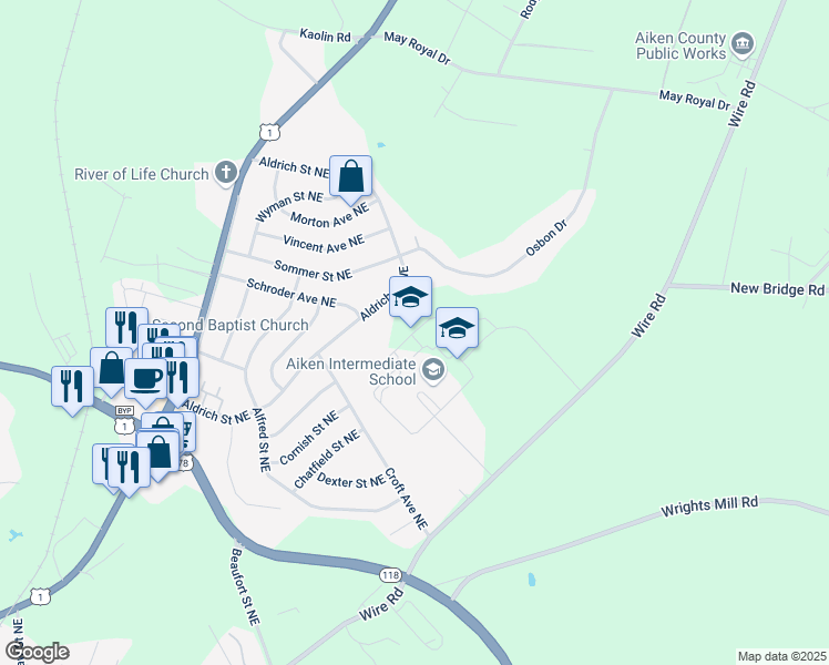 map of restaurants, bars, coffee shops, grocery stores, and more near Bears Rock Road in Aiken