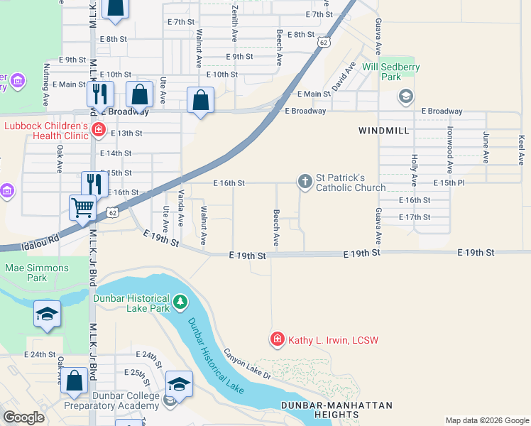 map of restaurants, bars, coffee shops, grocery stores, and more near 1614 Beech Ave in Lubbock