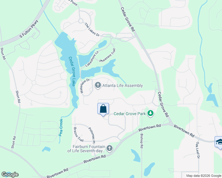 map of restaurants, bars, coffee shops, grocery stores, and more near 7630 Waterlace Drive in Fairburn
