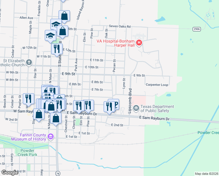 map of restaurants, bars, coffee shops, grocery stores, and more near 802 East 8th Street in Bonham