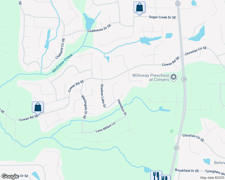 map of restaurants, bars, coffee shops, grocery stores, and more near 218 Thorn Berry Way in Conyers