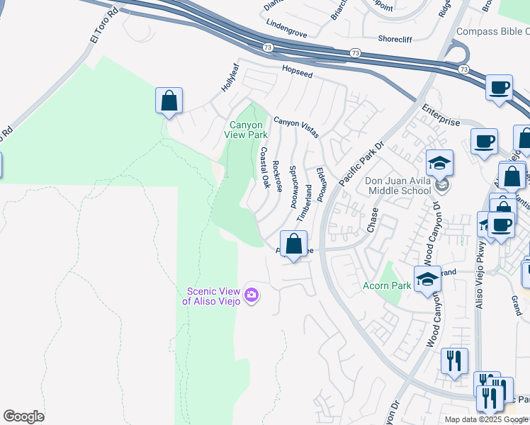 map of restaurants, bars, coffee shops, grocery stores, and more near 75 Rockrose in Aliso Viejo