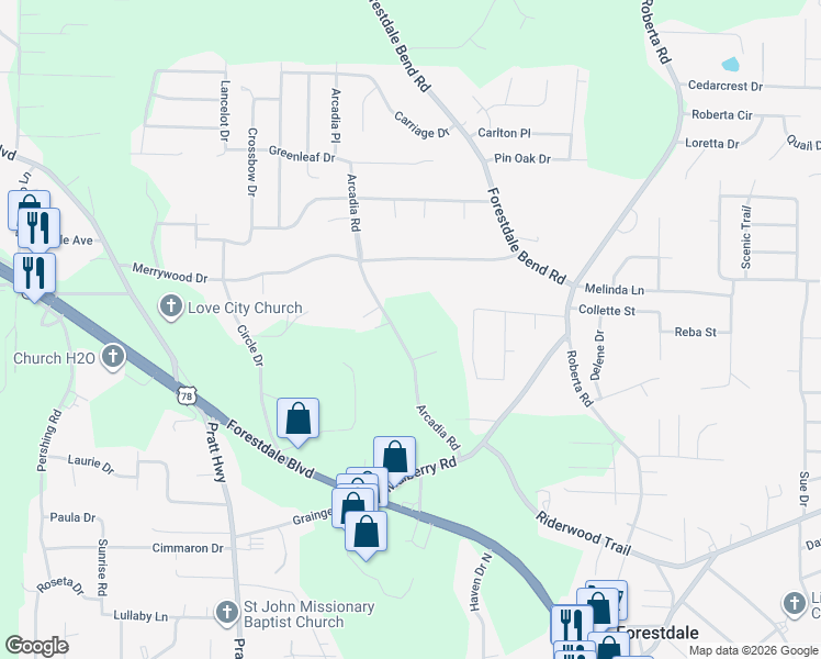 map of restaurants, bars, coffee shops, grocery stores, and more near 2215 Arcadia Road in Birmingham