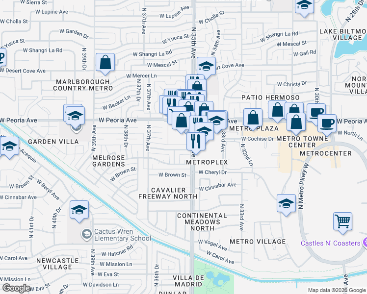 map of restaurants, bars, coffee shops, grocery stores, and more near 3511 West Peoria Avenue in Phoenix
