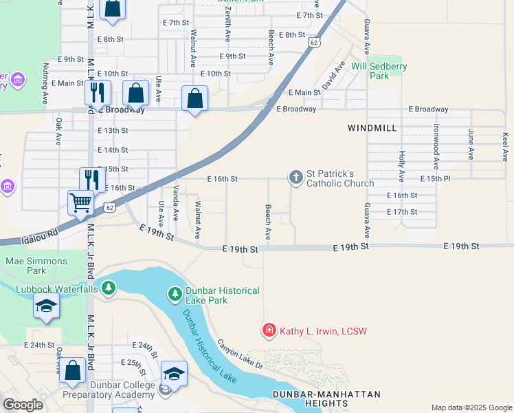 map of restaurants, bars, coffee shops, grocery stores, and more near 1614 Beech Ave in Lubbock