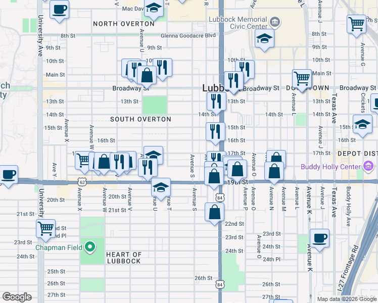 map of restaurants, bars, coffee shops, grocery stores, and more near 1603 Avenue S in Lubbock