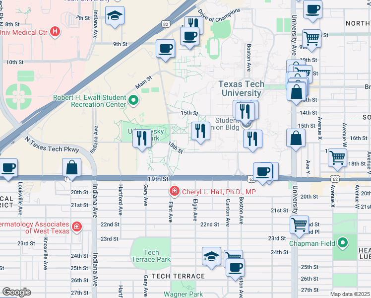 map of restaurants, bars, coffee shops, grocery stores, and more near in Lubbock