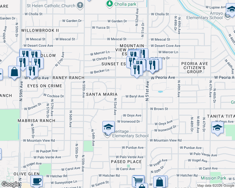 map of restaurants, bars, coffee shops, grocery stores, and more near 10257 North 53rd Avenue in Glendale