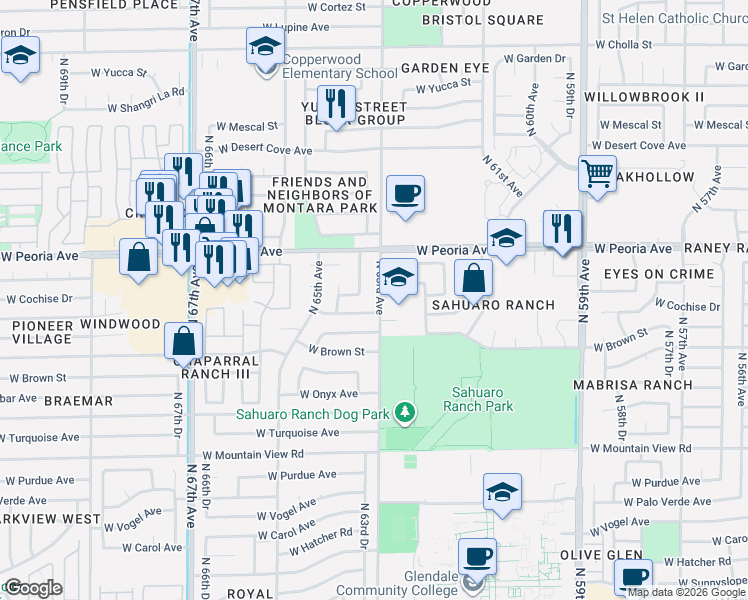 map of restaurants, bars, coffee shops, grocery stores, and more near 10421 North 63rd Drive in Glendale