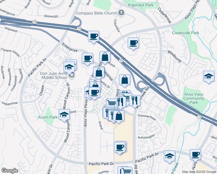 map of restaurants, bars, coffee shops, grocery stores, and more near 90 Vantis Drive in Aliso Viejo