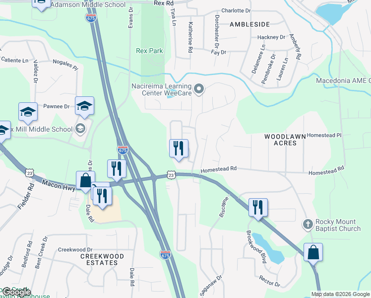 map of restaurants, bars, coffee shops, grocery stores, and more near 6391 Ellenwood Drive in Rex