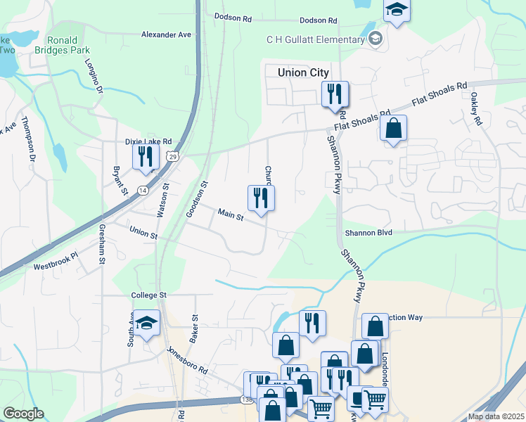 map of restaurants, bars, coffee shops, grocery stores, and more near 6475 Church Street Southwest in Atlanta