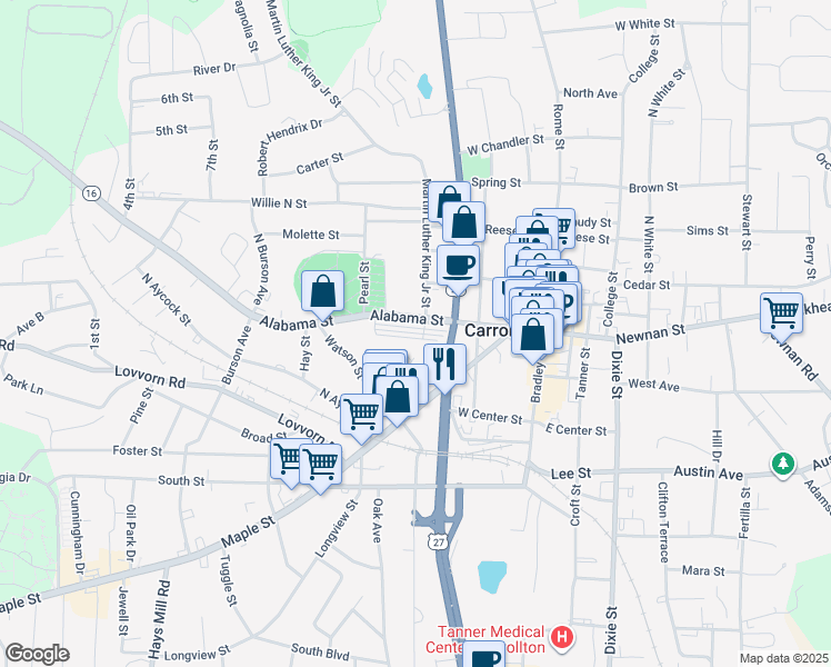 map of restaurants, bars, coffee shops, grocery stores, and more near in Carrollton