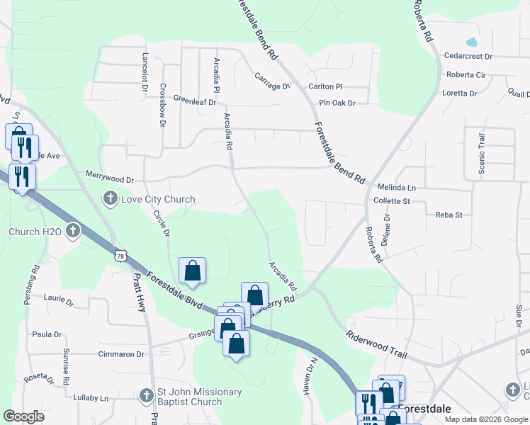 map of restaurants, bars, coffee shops, grocery stores, and more near 2215 Arcadia Road in Birmingham