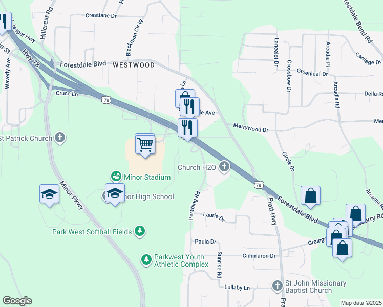 map of restaurants, bars, coffee shops, grocery stores, and more near 143 Foust Court in Birmingham