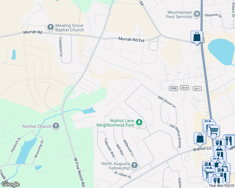 map of restaurants, bars, coffee shops, grocery stores, and more near 334 Mill Branch Way in North Augusta