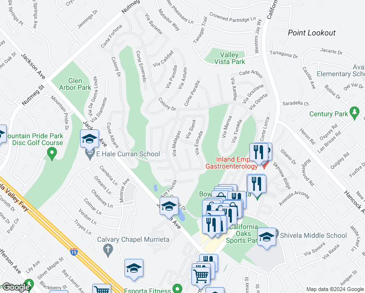map of restaurants, bars, coffee shops, grocery stores, and more near 40491 Corte Lucia in Murrieta