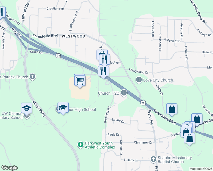 map of restaurants, bars, coffee shops, grocery stores, and more near 143 Foust Court in Birmingham