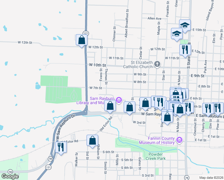 map of restaurants, bars, coffee shops, grocery stores, and more near 904 West 7th Street in Bonham