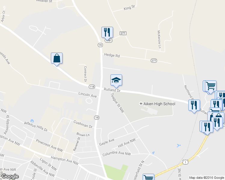 map of restaurants, bars, coffee shops, grocery stores, and more near 134 Rutland Drive in Aiken