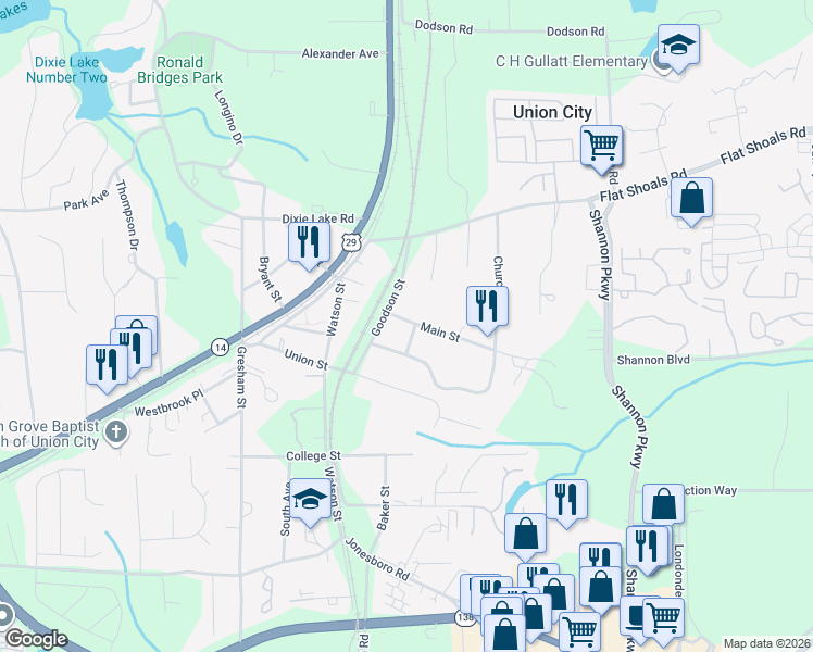 map of restaurants, bars, coffee shops, grocery stores, and more near 4981 Main Street in Union City