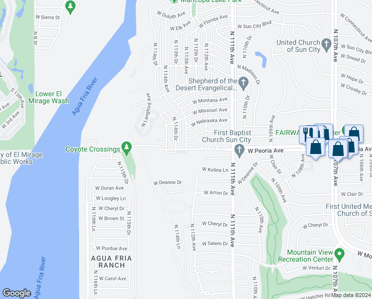 map of restaurants, bars, coffee shops, grocery stores, and more near 11313 West Peoria Avenue in Youngtown