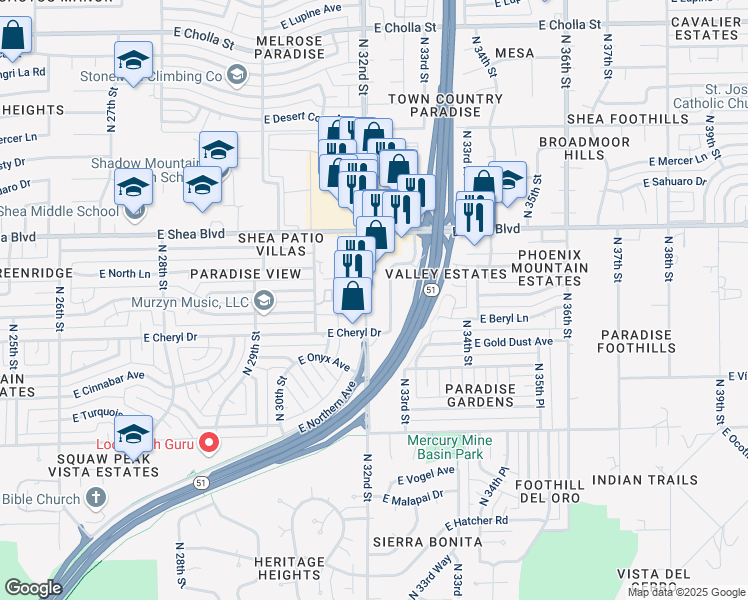 map of restaurants, bars, coffee shops, grocery stores, and more near 10255 North 32nd Street in Phoenix