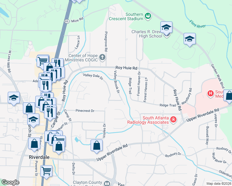 map of restaurants, bars, coffee shops, grocery stores, and more near 6402 Valley Brook Drive in Riverdale