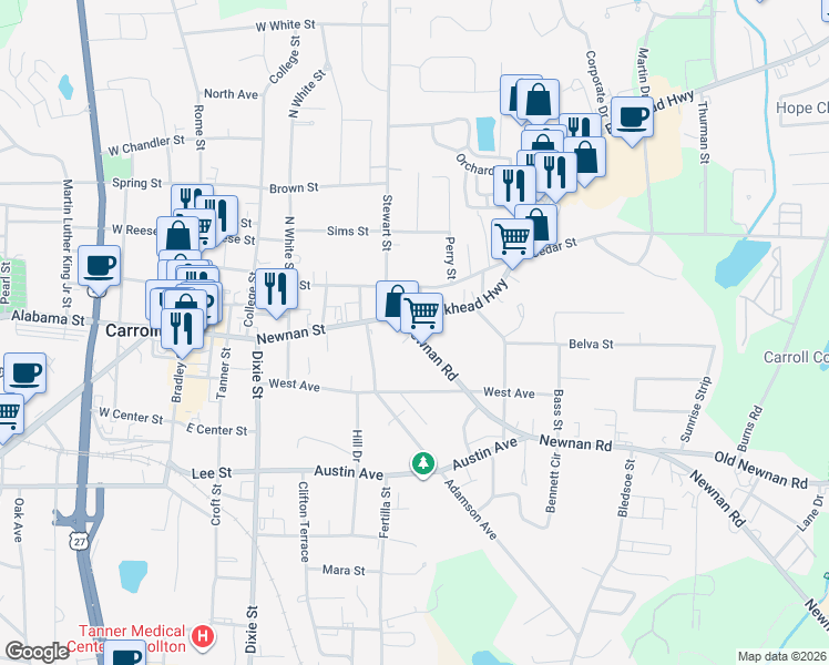 map of restaurants, bars, coffee shops, grocery stores, and more near 102 Bankhead Highway in Carrollton