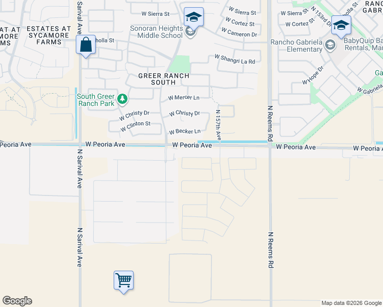 map of restaurants, bars, coffee shops, grocery stores, and more near 15830 West Deanne Court in Waddell