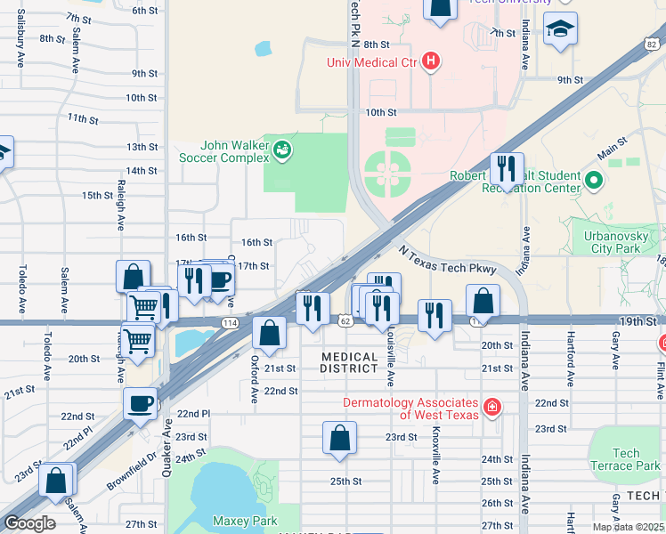map of restaurants, bars, coffee shops, grocery stores, and more near 4204 19th Ford in Lubbock