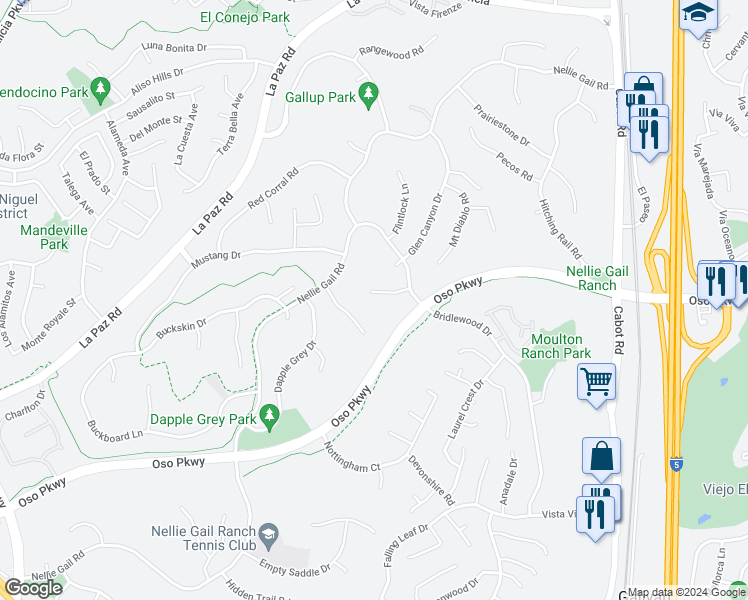 map of restaurants, bars, coffee shops, grocery stores, and more near 25512 Saddle Rock Place in Laguna Hills