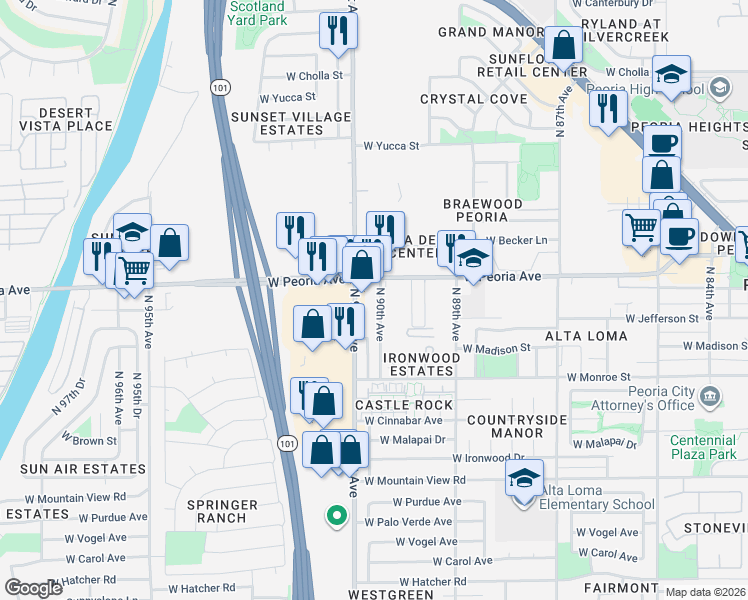 map of restaurants, bars, coffee shops, grocery stores, and more near 10576 North 90th Avenue in Peoria