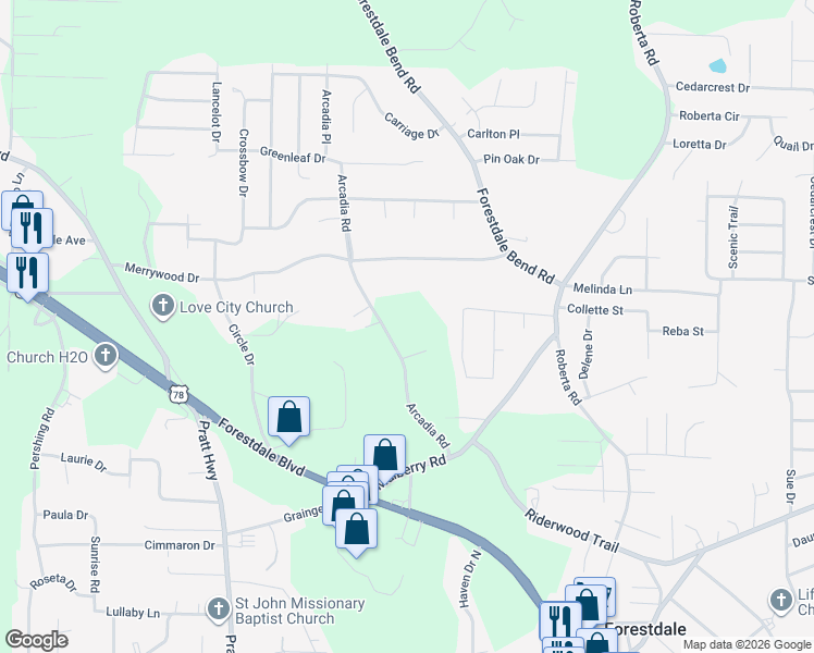 map of restaurants, bars, coffee shops, grocery stores, and more near 2215 Arcadia Road in Birmingham