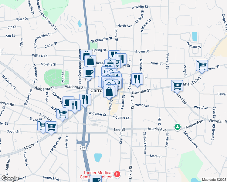 map of restaurants, bars, coffee shops, grocery stores, and more near 81 Newnan Street in Carrollton