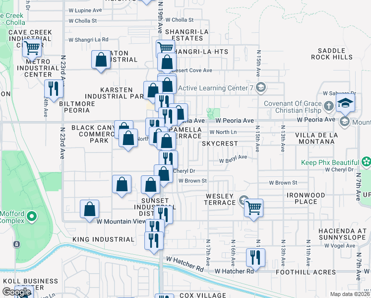 map of restaurants, bars, coffee shops, grocery stores, and more near 10252 North 18th Avenue in Phoenix